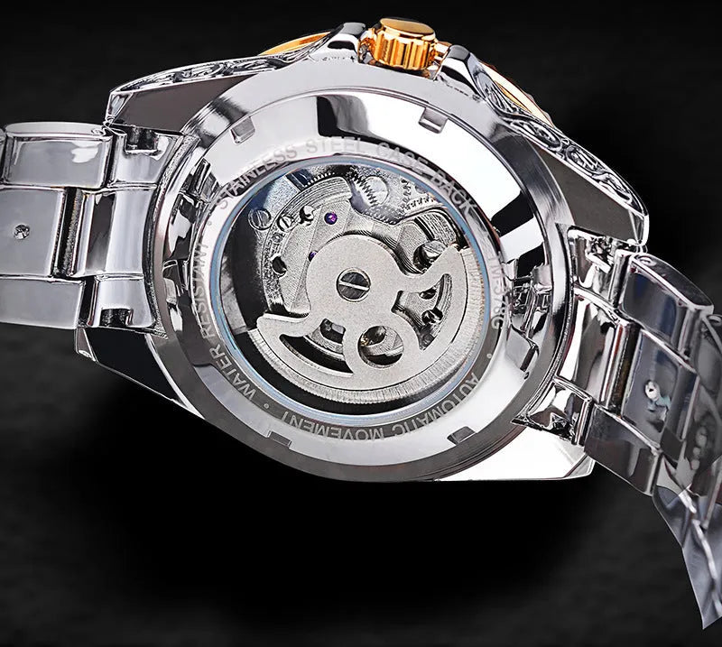 Forsining yellow stainless steel skeleton automatic mechanical watch showing carved tourbillon movement