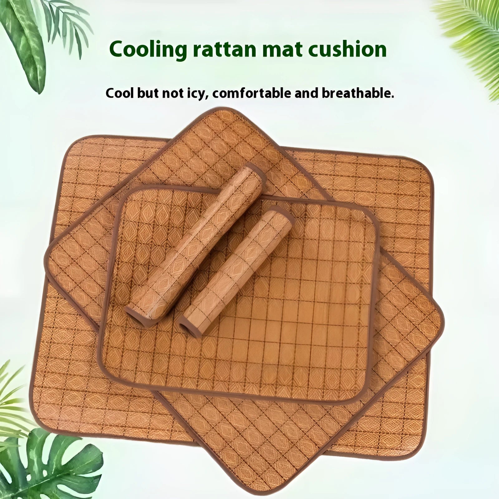 Brown rattan cooling mat for dogs on a wooden floor, showing woven texture.