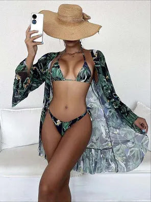 Green tropical triangle bikini set with kimono cover-up, polyester, quick-dry, high elasticity, sizes S to XL