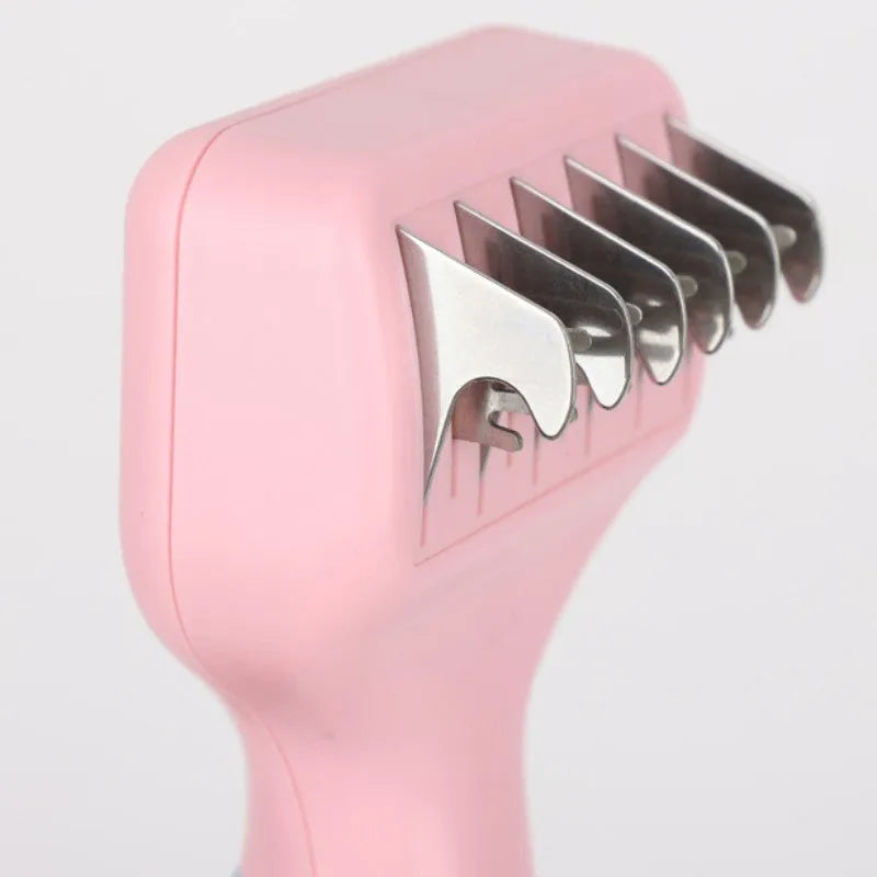 Pink stainless steel dog comb with knot knife blade and massage brush for pet grooming