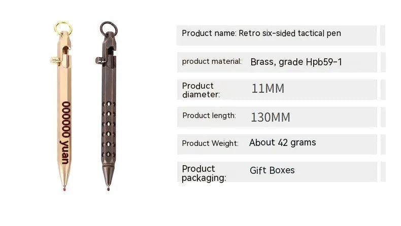 Retro brass hexagon bolt action pen with rollerball refill showing hexagonal barrel detail