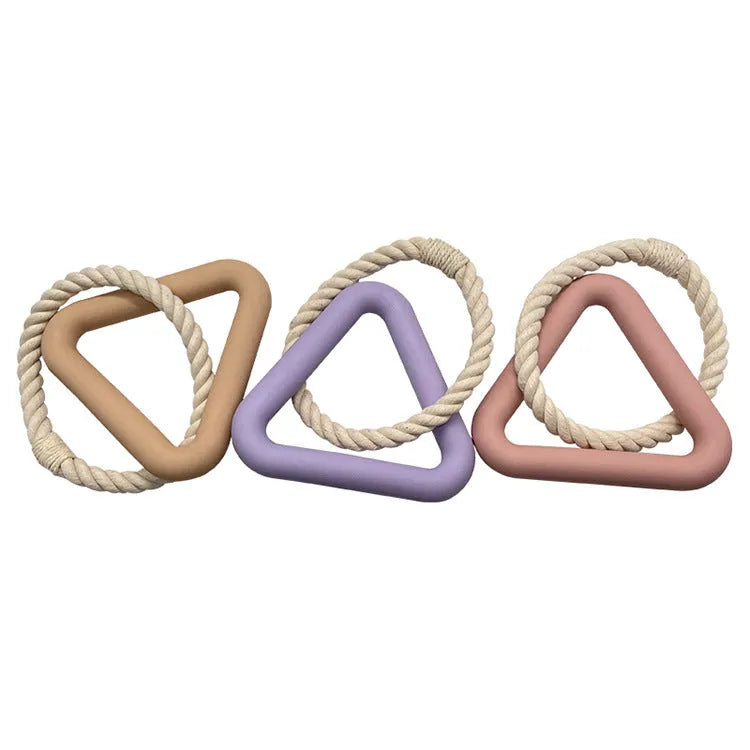 Large triangular cotton rope pull ring dog toy in beige, pink or purple colours