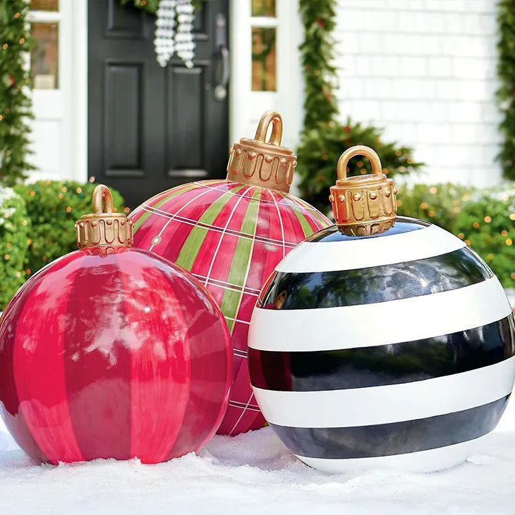 Large 60cm diameter inflatable PVC Christmas decoration ball in bright colours for outdoor use.
