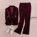 Women's gold velvet slim fit suit with petal sleeve top, available in black, blue, or wine red