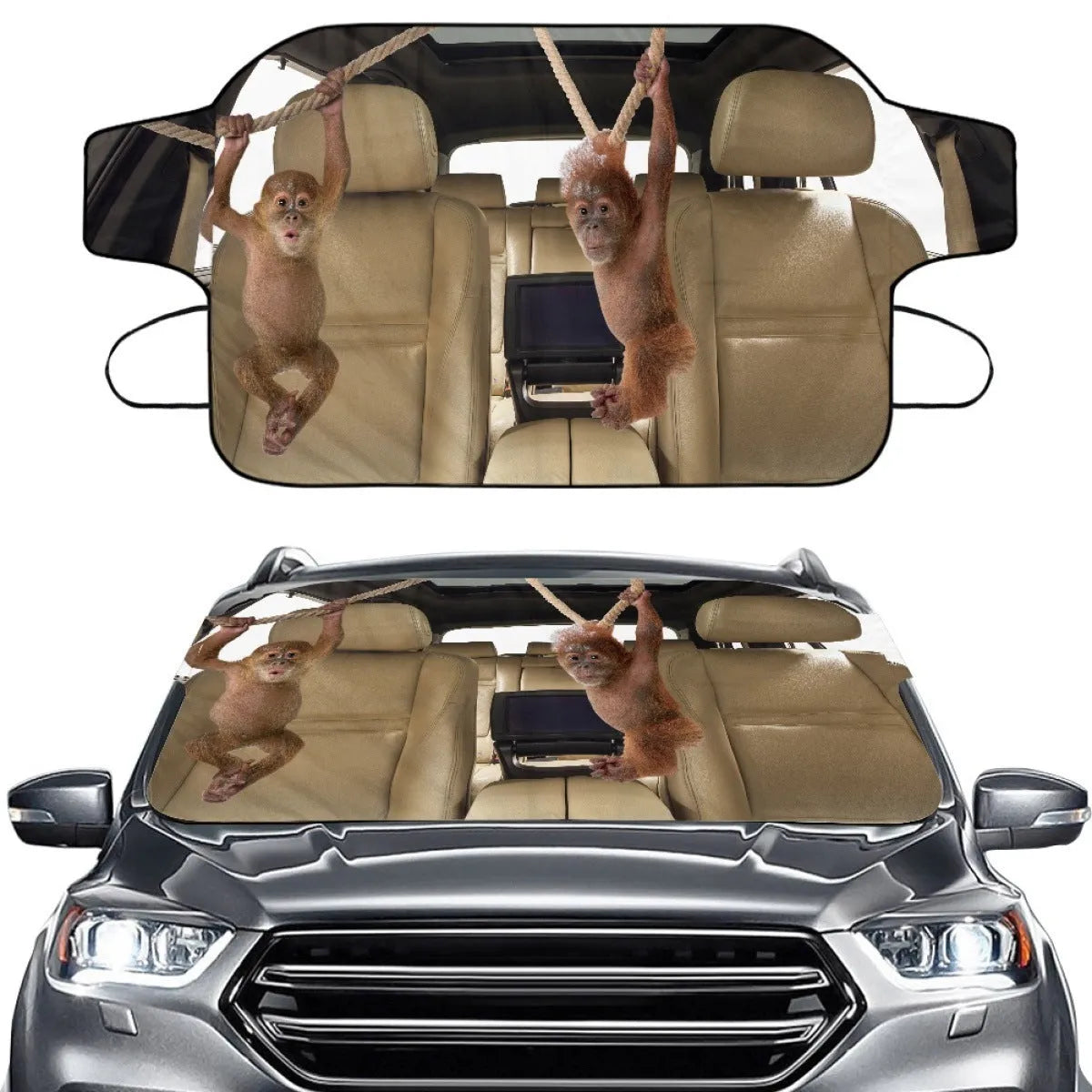 Car front gear sunshade made of aluminium film and polyester fabric with installation lanyard