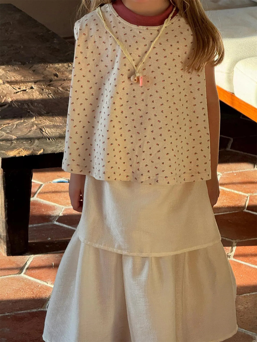 Pink girls floral sleeveless round neck cotton vest top, Korean style