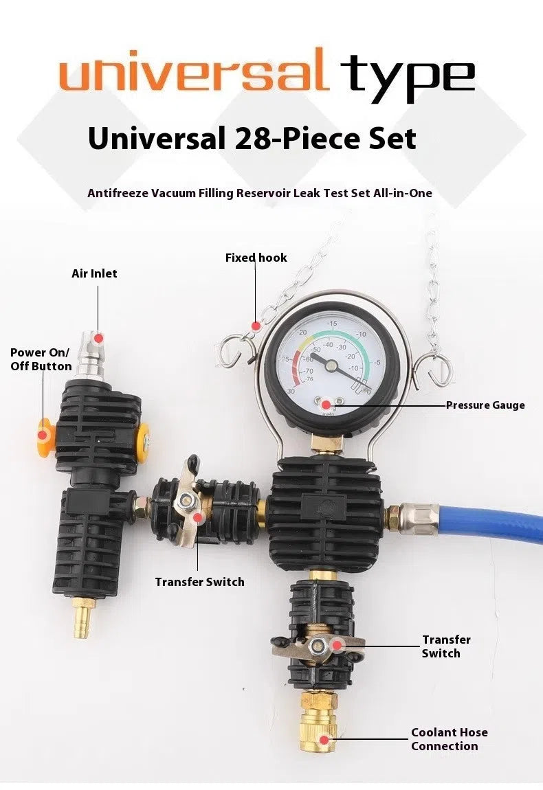 28-piece car water tank pressure leak detector kit in small blue box for cooling system diagnostics