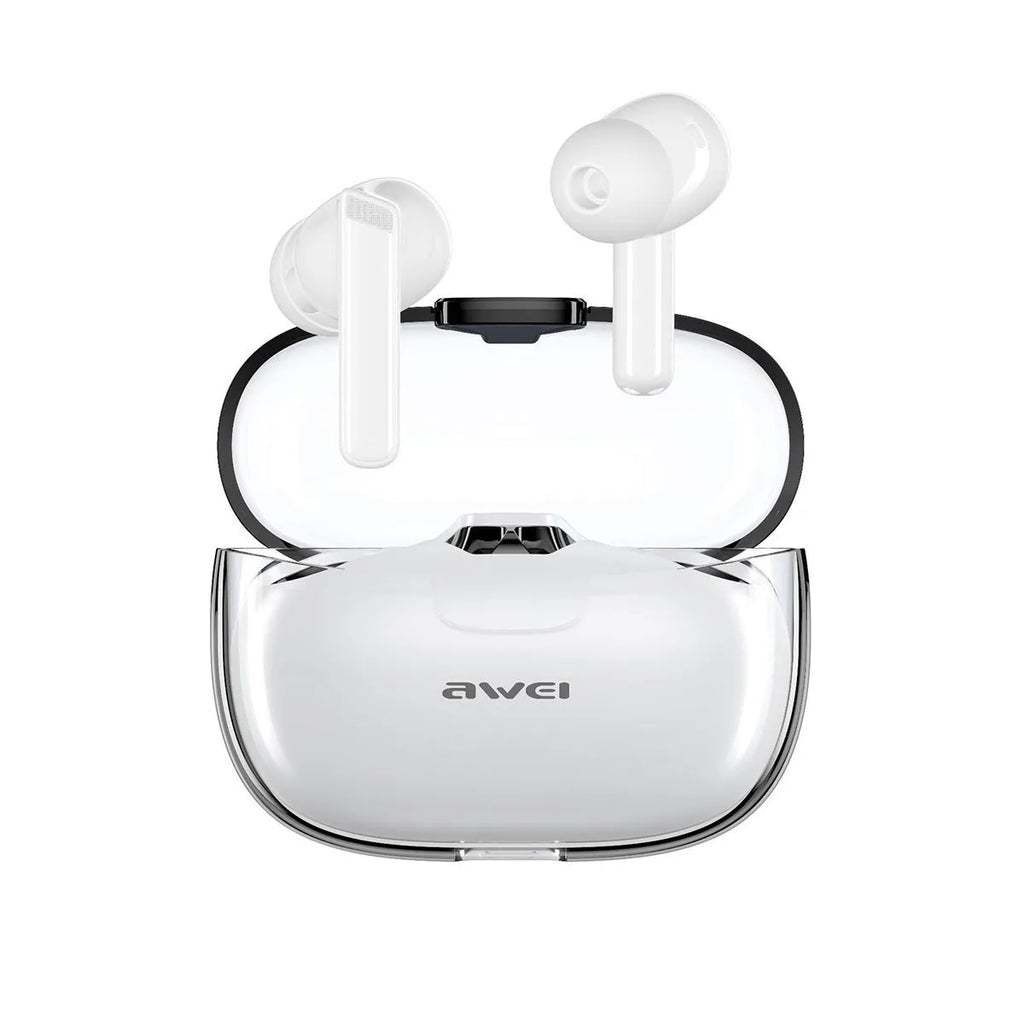 T52 transparent black TWS earbuds with charging case and breathing light
