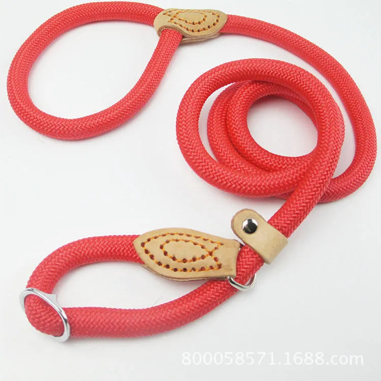 Brown nylon P chain dog leash with hand holding rope section, 2.1 metres long