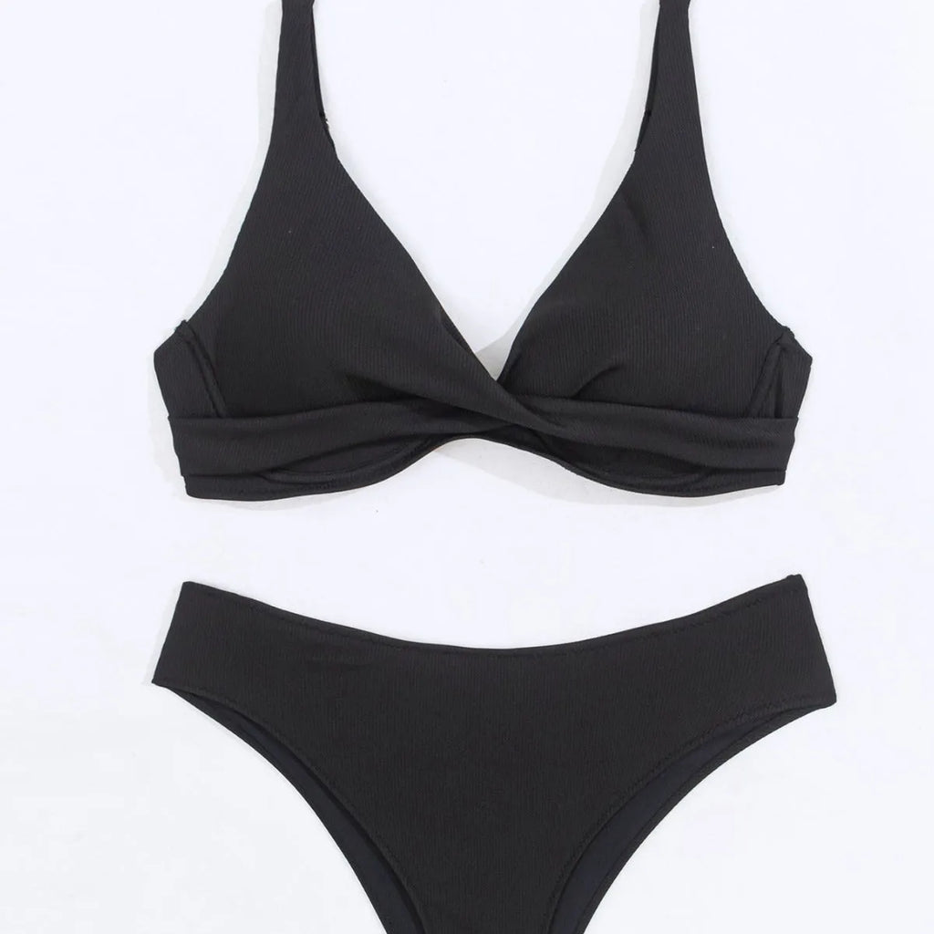 Women's rib fabric polyester bikini set in briefs style available in five solid colours