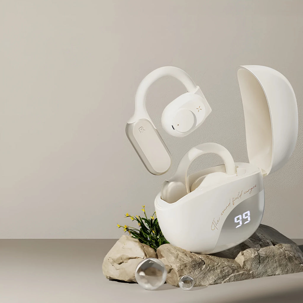 Bone conduction non in-ear Bluetooth headset in Glacier Blue with silicone ear hook on a white background