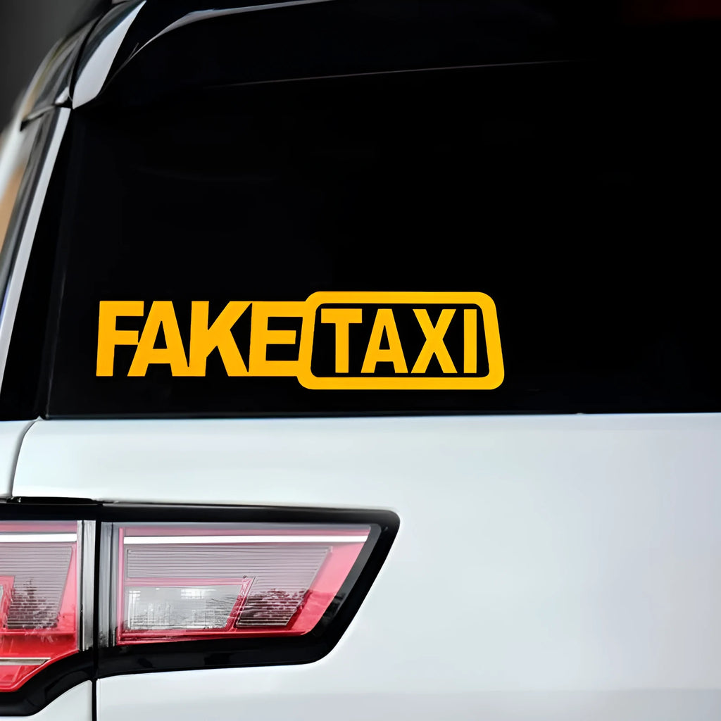 Waterproof black FAKE TAXI car warning sticker measuring 20 by 8 centimetres.