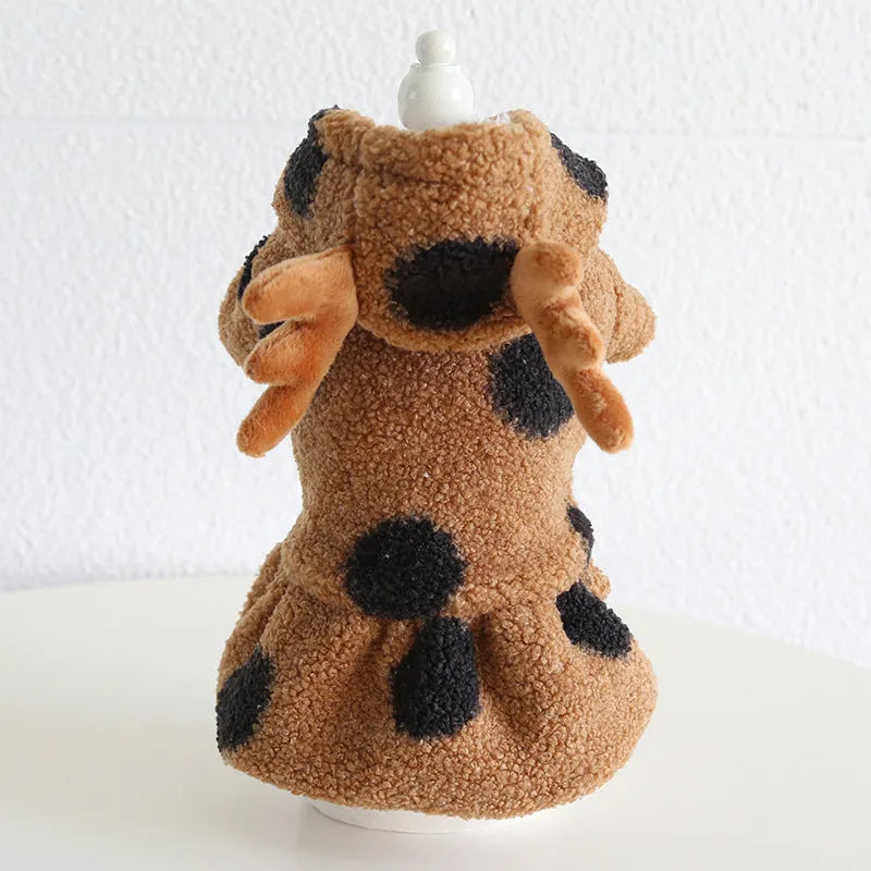 Polka dot pet clothing set showing skirt and four-leg options for cats and dogs