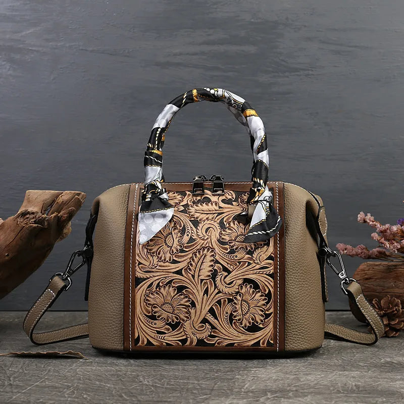 Brown genuine cowhide leather retro-style messenger bag showing external pocket and internal organiser compartments.