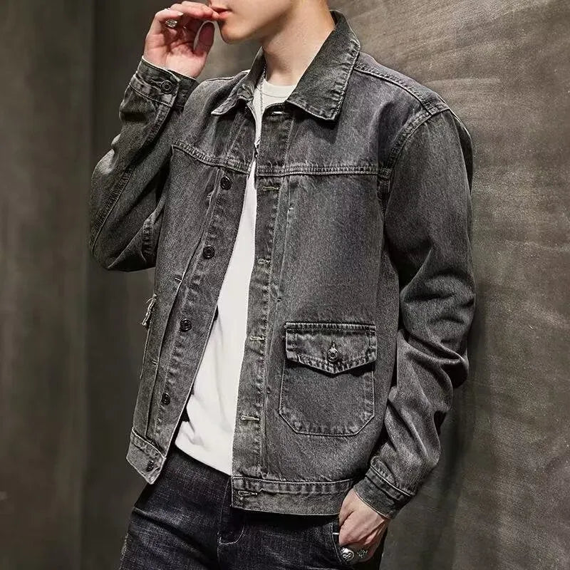 Smoky gray denim short jacket with black and gray colour option, straight hem, and side pockets in Korean style