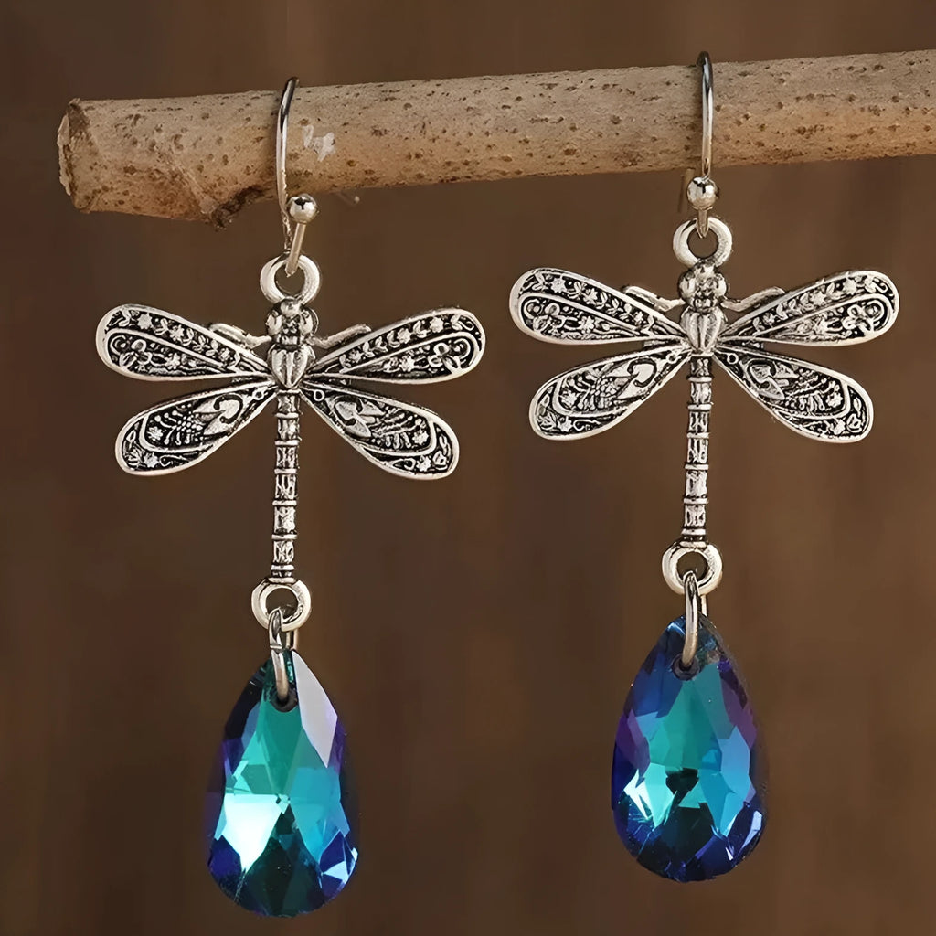 Silver alloy micro inlay dragonfly pendant earrings in geometric water drop shape