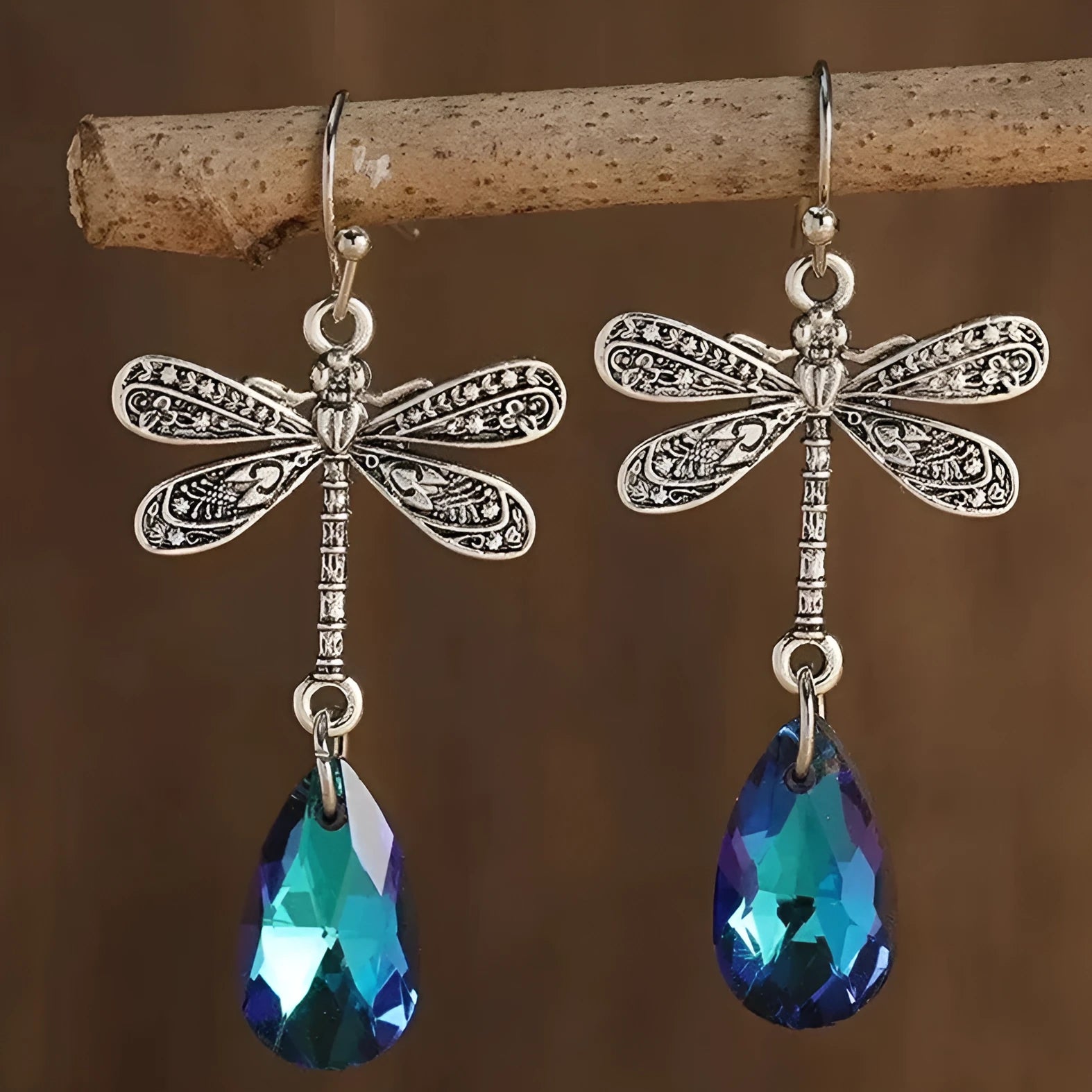 Silver alloy micro inlay dragonfly pendant earrings in geometric water drop shape
