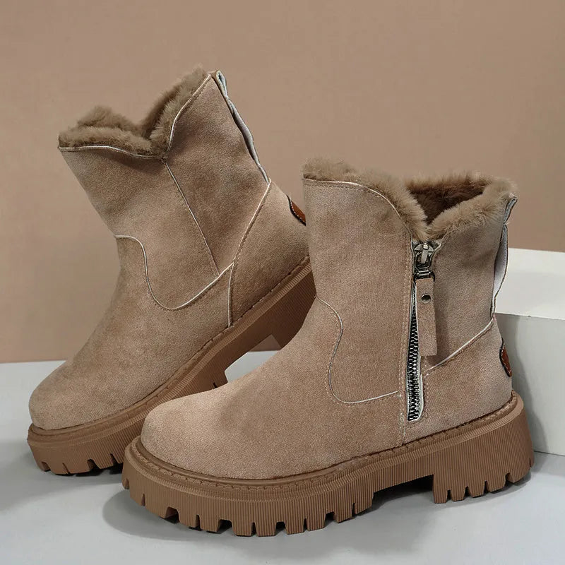 Women's high-top snow boots in black with side zip and thick plush lining