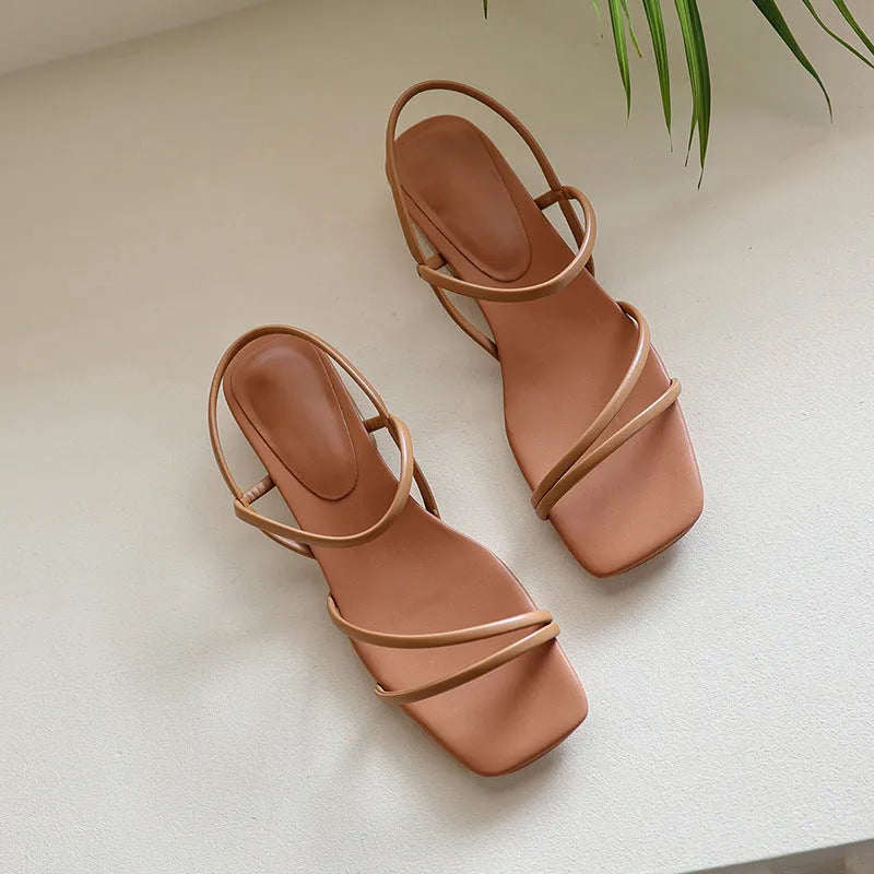Flat strap open-toed Roman sandals for women in square toe microfiber design