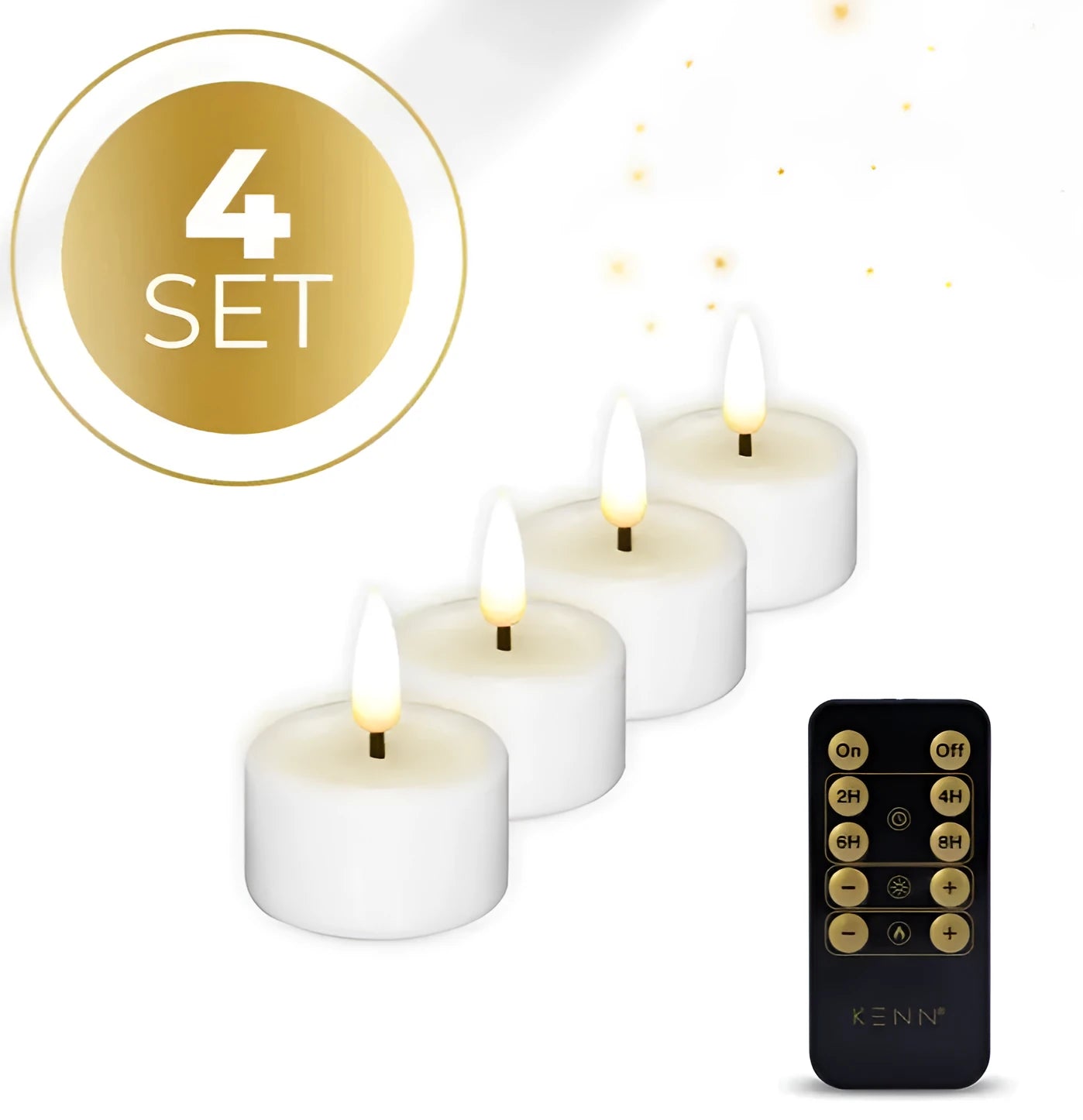 Four white plastic S4 LED tealight candles emitting a warm yellow flickering light.
