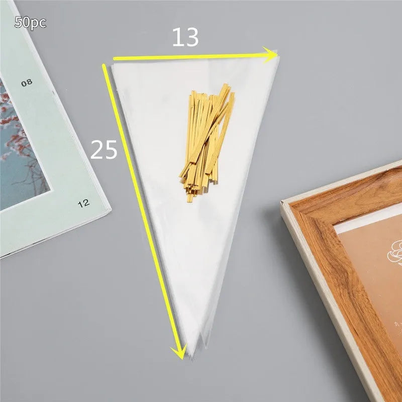 Clear triangle plastic packaging bag with a silver tie wire attached, shown in a bulk pack.