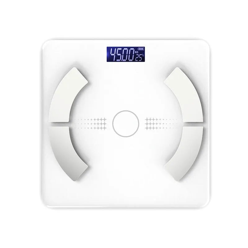 Smart Bluetooth body fat scale in white colour on bathroom floor