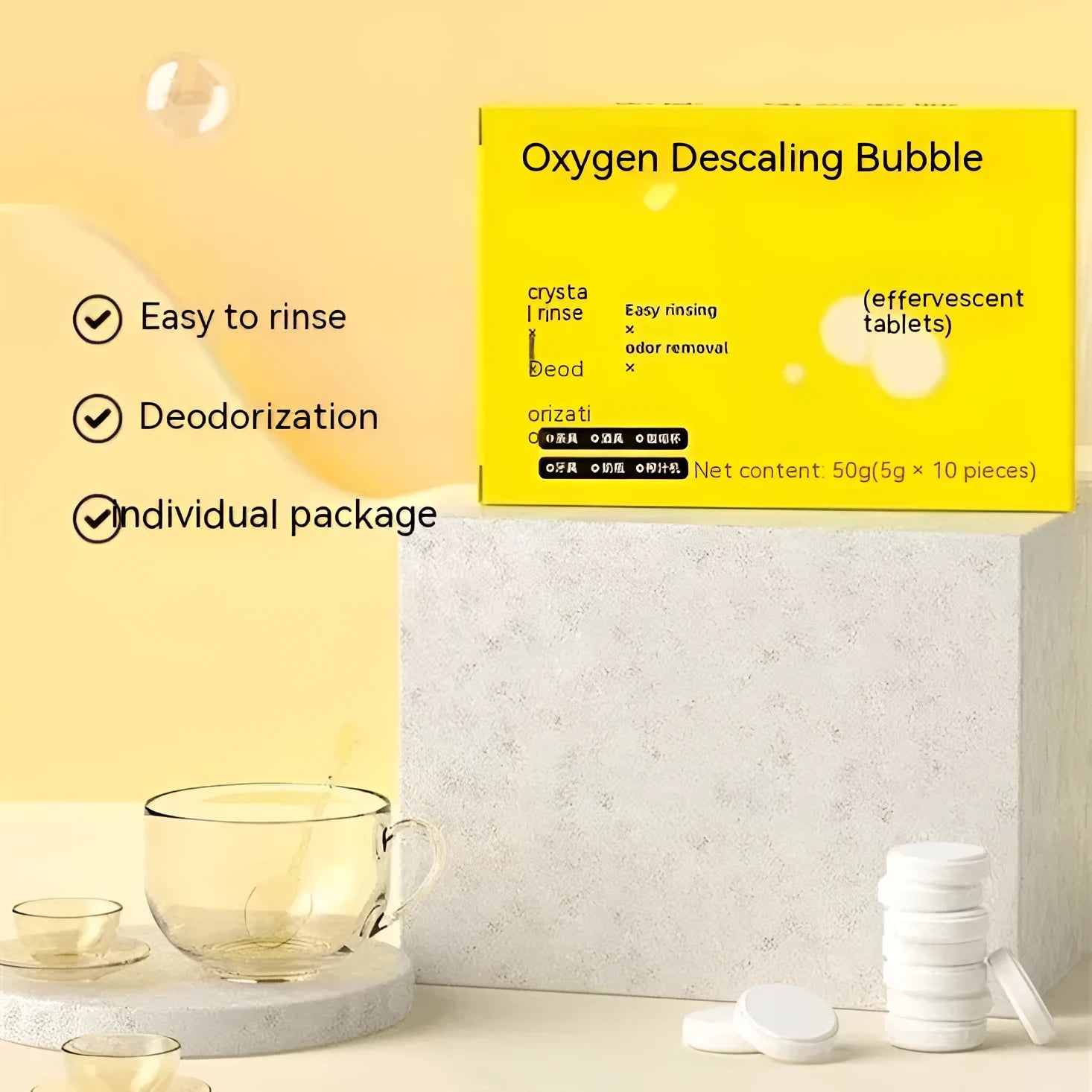 Bubble Active Oxygen Descaling Effervescent Tablets 50g pack, solid tablets for cleaning tea stains and limescale