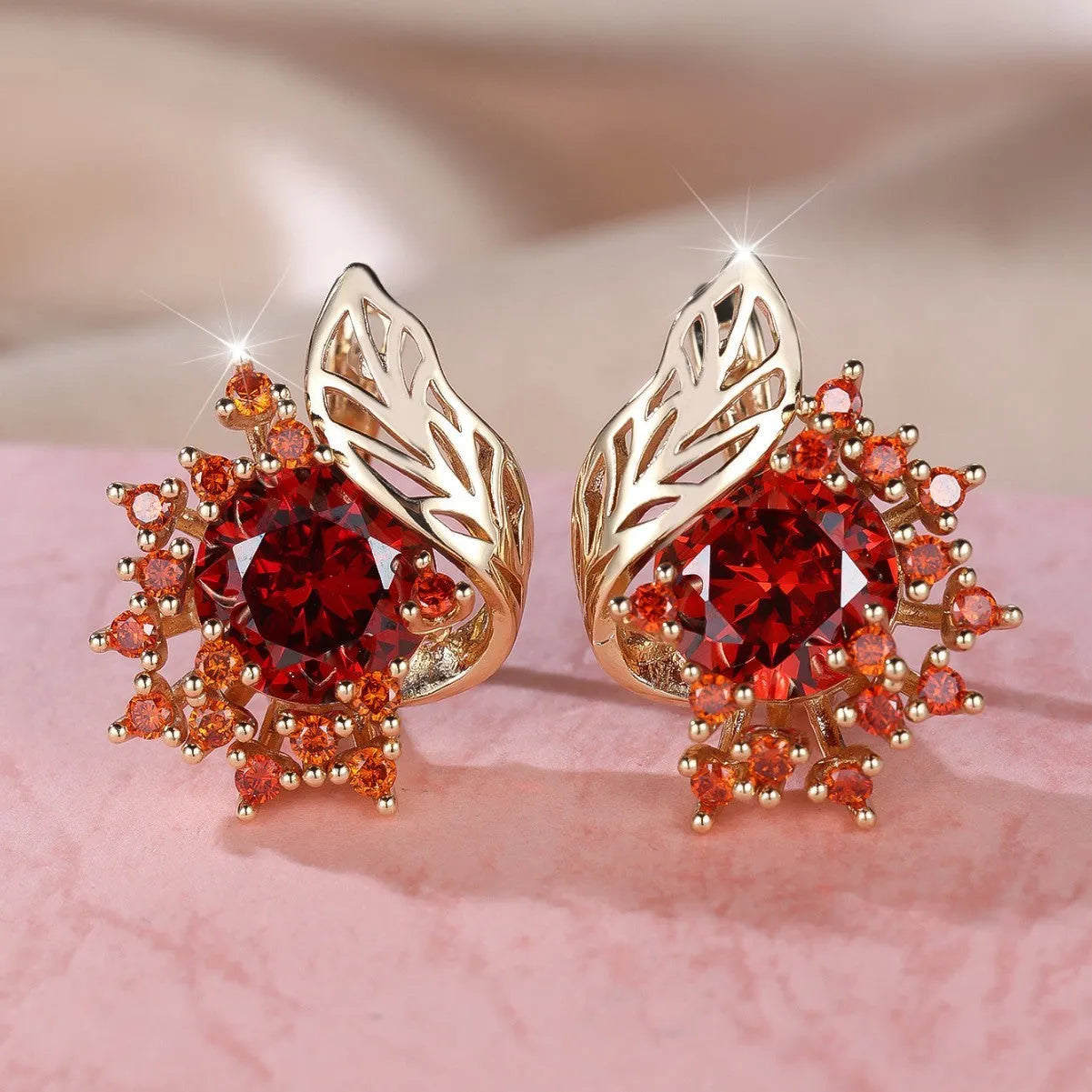 Round flower feather zircon earrings with champagne gold finish and coloured stone centre