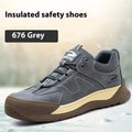 Flyknit leather safety work shoe with rubber sole, shown in available colours.