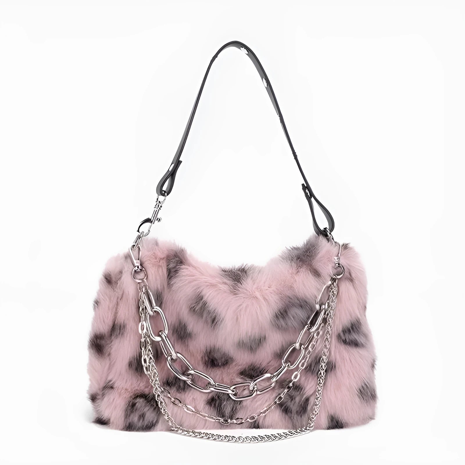 Plush luxury-style chain bag in apricot with leopard print and gold-tone chain, horizontal rectangular shape, soft texture.