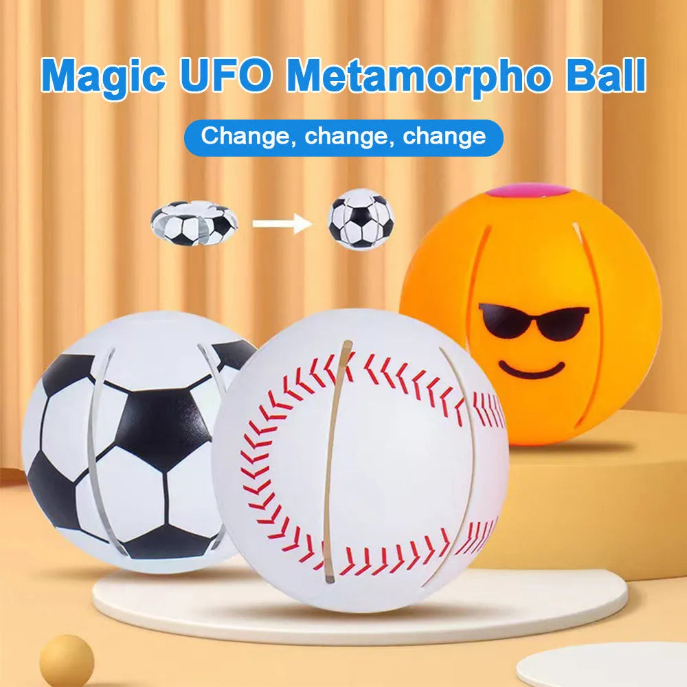 Transformable plastic dog ball toy that changes to flying disc, shown in orange colour