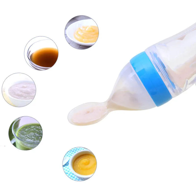 90ml silicone baby feeding bottle with squeeze spoon in white, pink, yellow, green or blue
