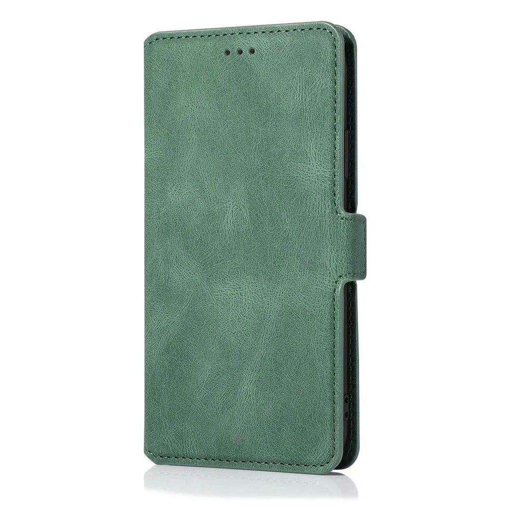 Clamshell phone case for Samsung with card slot, photo frame, and bracket in black PU TPU flip style.