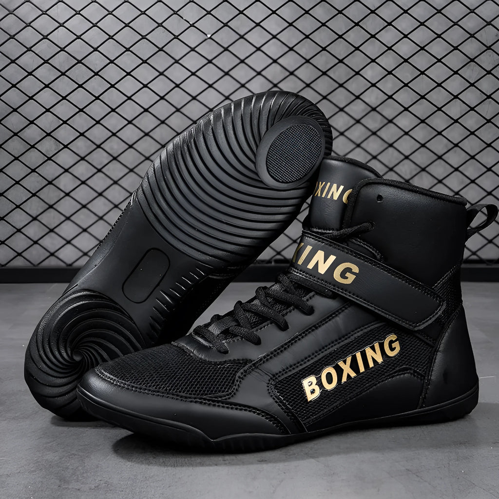 High-top wrestling shoes with non-slip rubber outsole and frosted microfibre mesh upper in white or black