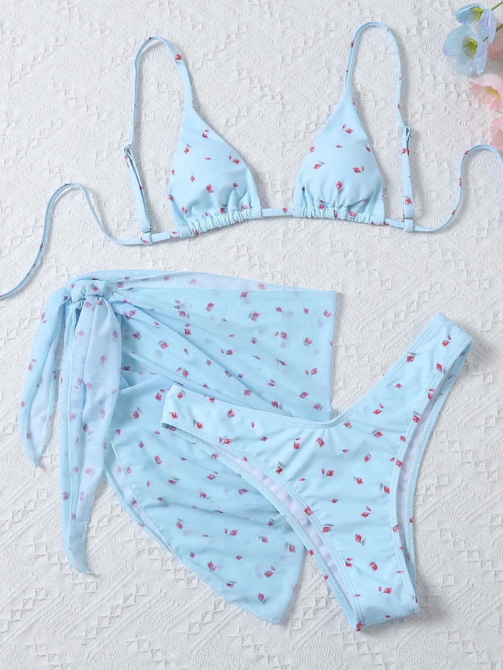 Women's beach style printed swimsuit three piece set in blue with polyester fabric, sizes S to XL