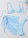 Women's beach style printed swimsuit three piece set in blue with polyester fabric, sizes S to XL