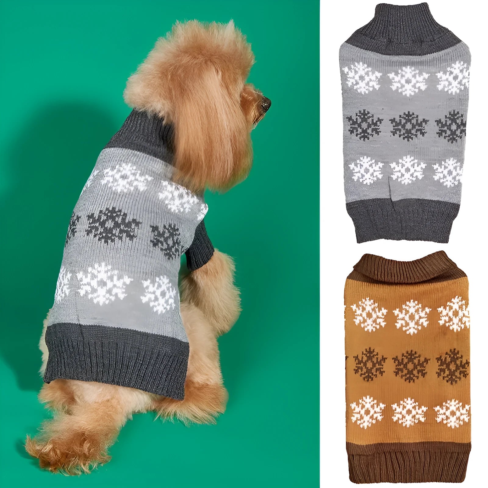 A dark brown and grey dog sweater with a snowflake pattern on a mannequin or dog, showing its knitted acrylic fabric.