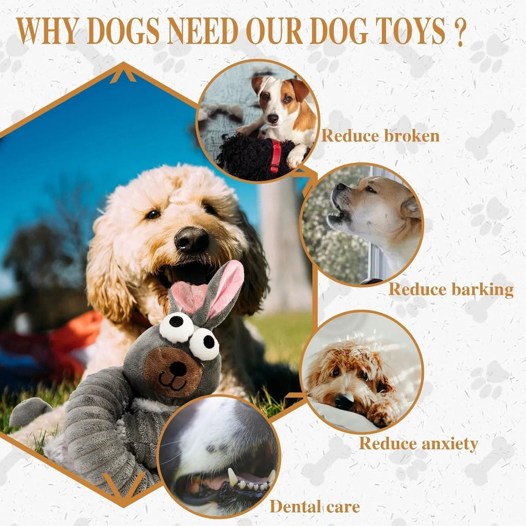 Brown grey yellow squeaky dog toys with plush stuffing and crinkle sound