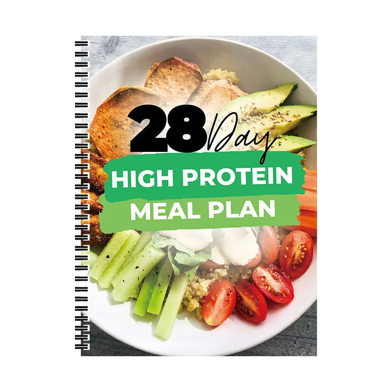 28-day high-protein diet plan book on paper, A4 size 21cm by 28.5cm, with cover titled 28Day Dietary Plan