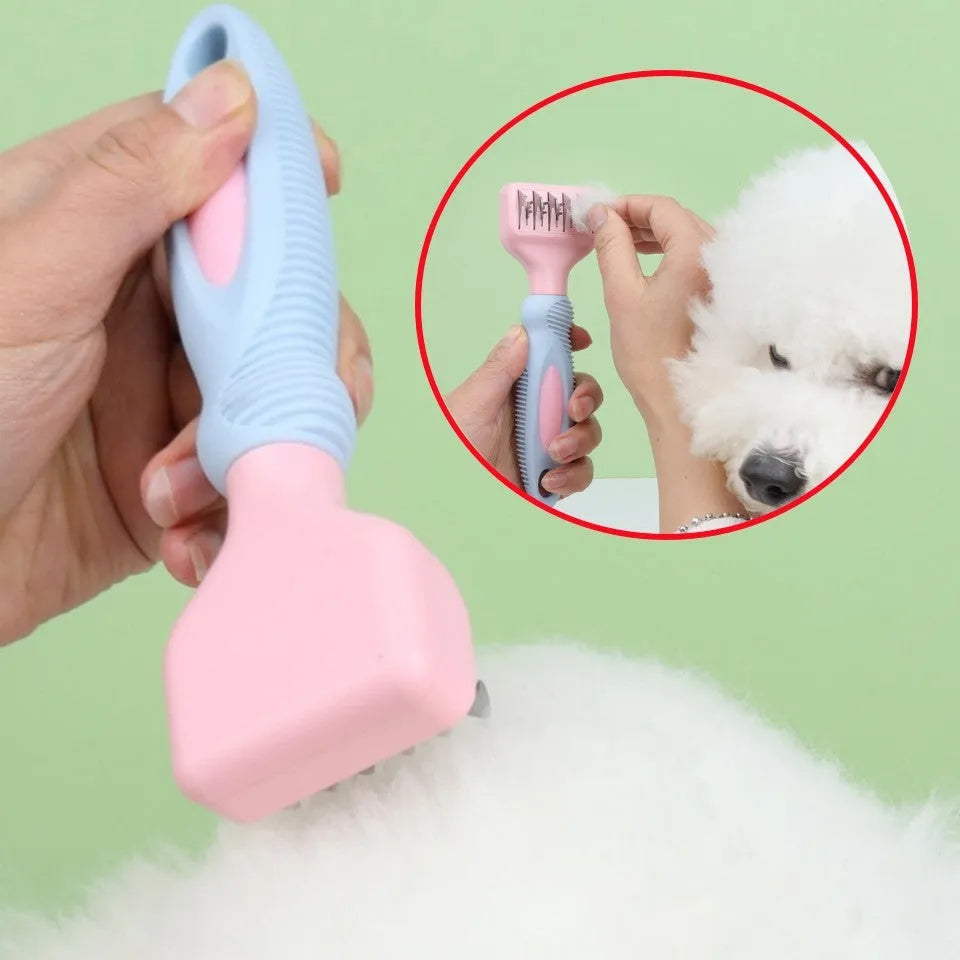 Pink stainless steel dog comb with knot knife blade and massage brush for pet grooming