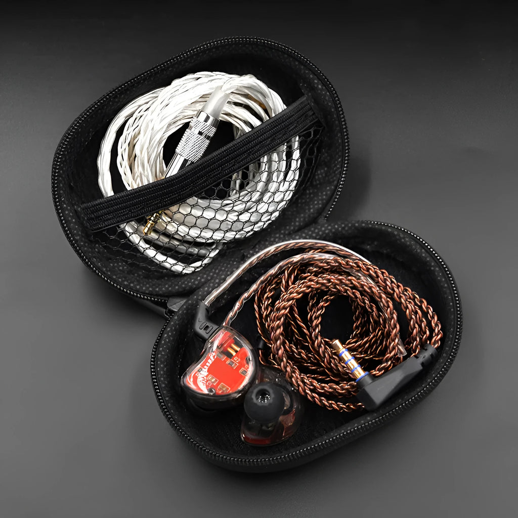 Black soft leather oval-shaped earphone storage bag.