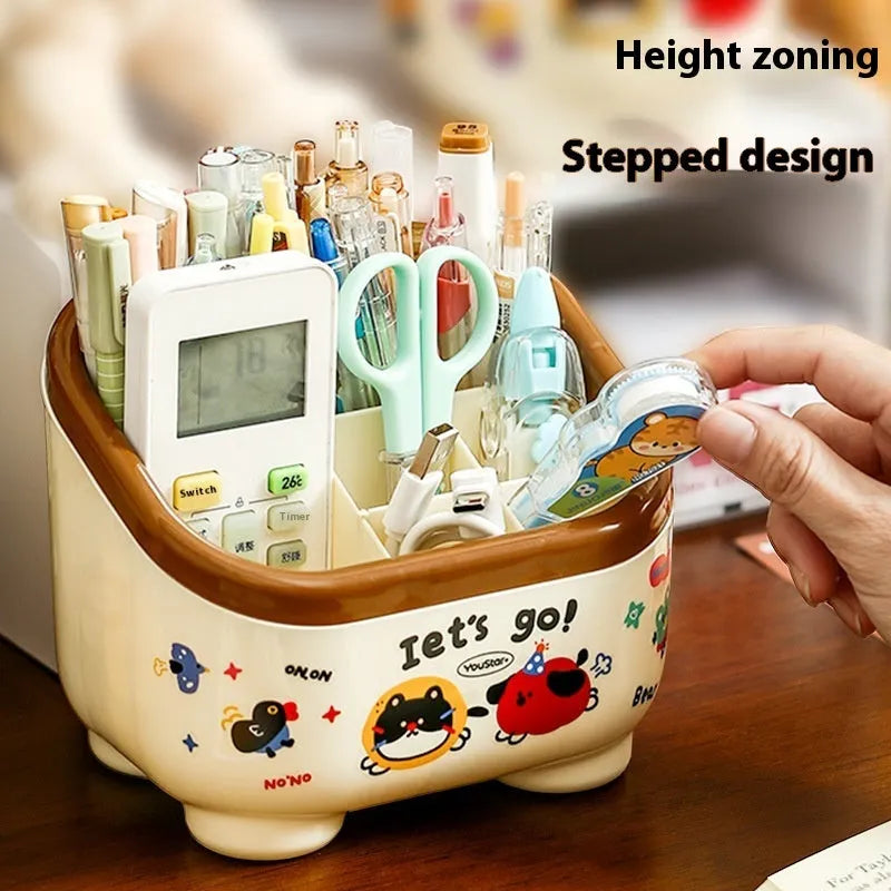 Dopamine cartoon style plastic desktop organiser with multiple storage boxes in red and brown colours