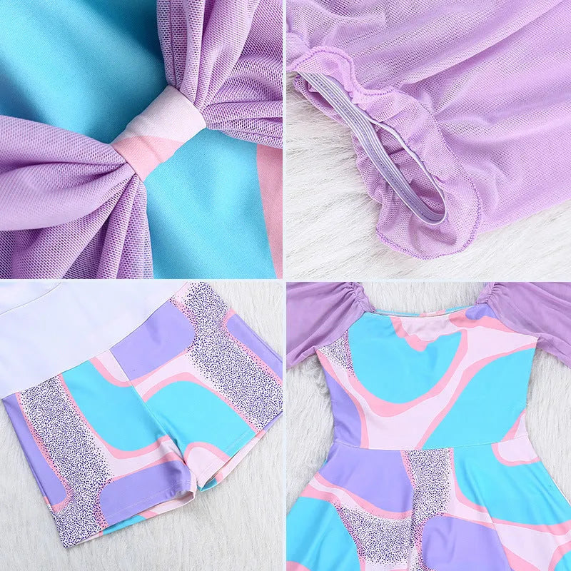 Women's light purple floral high-waist one-piece swimsuit with a central bowknot detail.