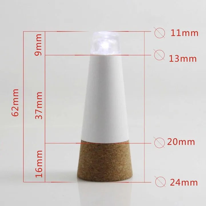 White plastic rechargeable LED bottle cap light with 15 beads, shown on a wine bottle for holiday decor.