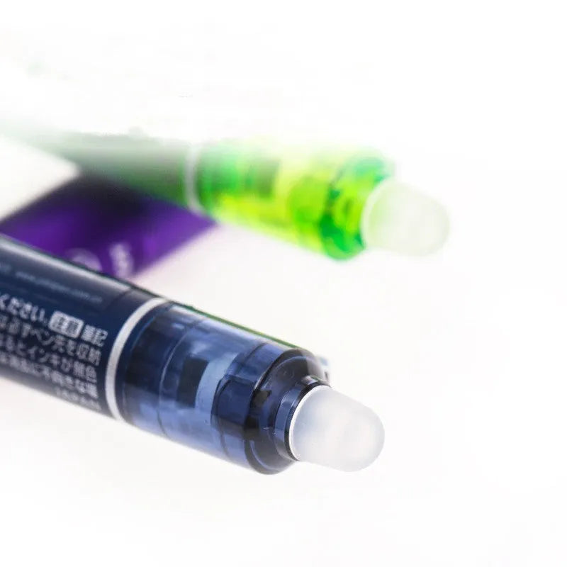 Ten colour press open neutral pen set with 0.5mm fine tips and scrub erasers in black, red, and blue shells.
