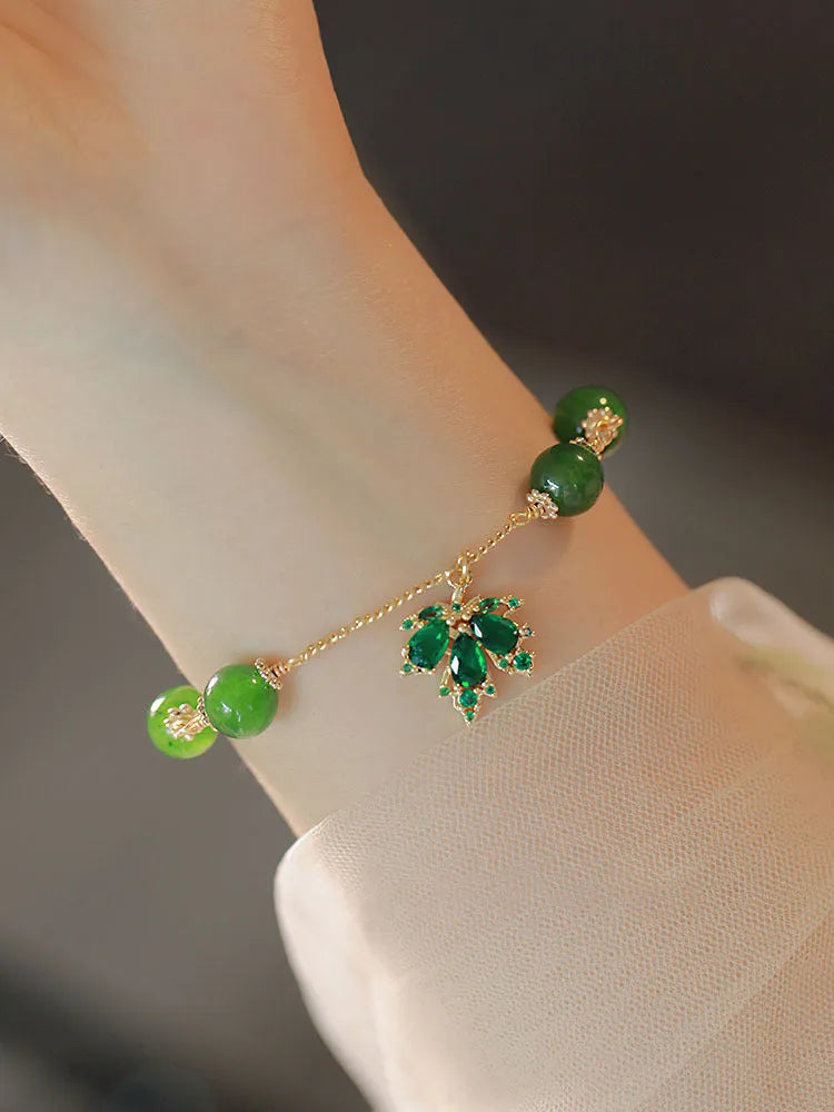 Women's green chalcedony bracelet with zircon maple leaf pendant on adjustable chain