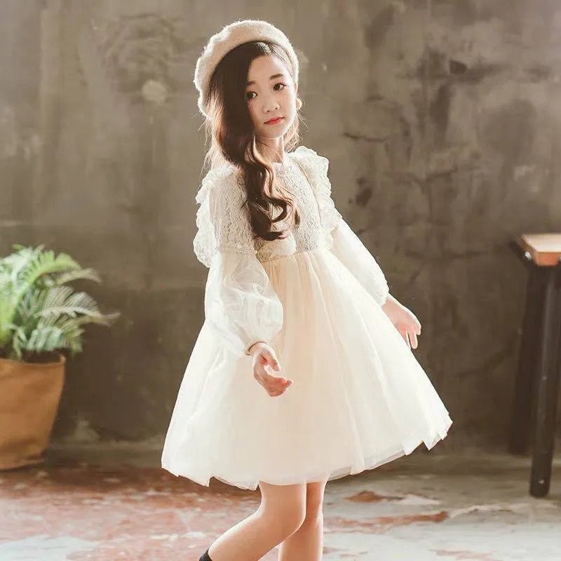 Girls long-sleeved princess dress in apricot with lace trim and petticoat, autumn style