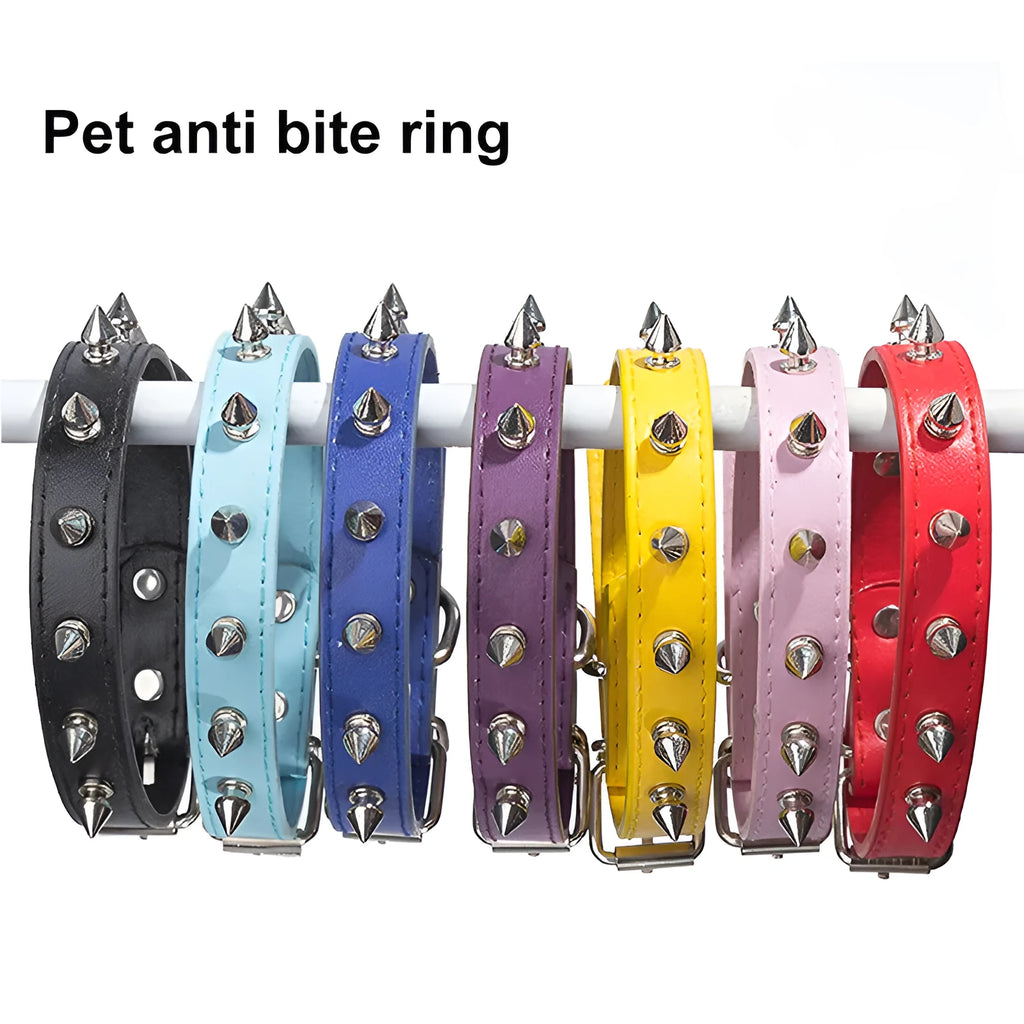 Studded black PU leather dog collar with metal studs and alloy buckle on a grey background.