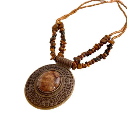 Irregular tiger eye stone oval pendant necklace with retro electroplated finish on adjustable clavicle chain, coffee colour, women's Chinese style jewellery