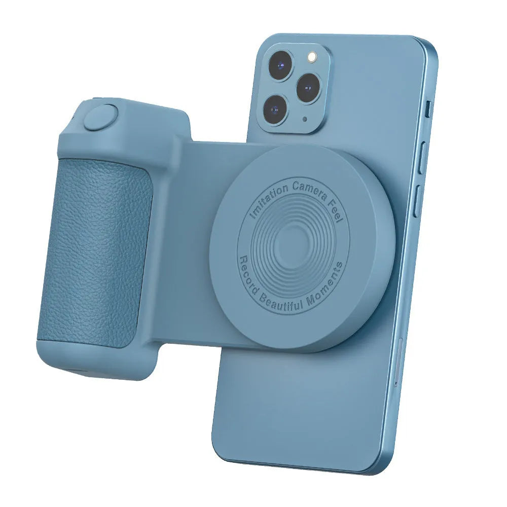 Black magnetic camera grip phone holder with rotatable bracket on wooden table
